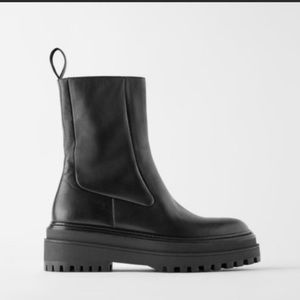 Zara Black Chunky Lug Sole Leather Ankle Boots 39